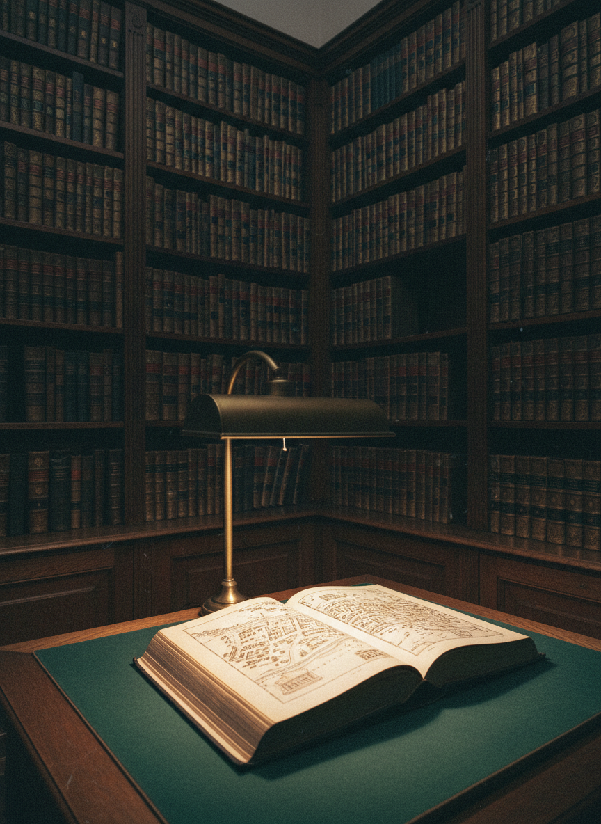A serene library corner featuring towering oak bookshelves filled with leather-bound volumes on antiquity, their spines stamped with Latin titles in faded gold leaf. In the foreground sits a single open volume on a dark green felt reading table, pages yellowed and delicately curled at the edges, displaying an engraved map of an ancient city plan. A brass reading lamp with an opaline shade casts a warm, focused pool of light over the open pages, while the rest of the room recedes into soft analog-film darkness and grain. Shot from a low, table-level angle, the composition leads the eye deep into the shelves, evoking a contemplative, almost monastic atmosphere. The style is richly textured, scholarly, and refined, ideal for articles exploring classical texts and translations.