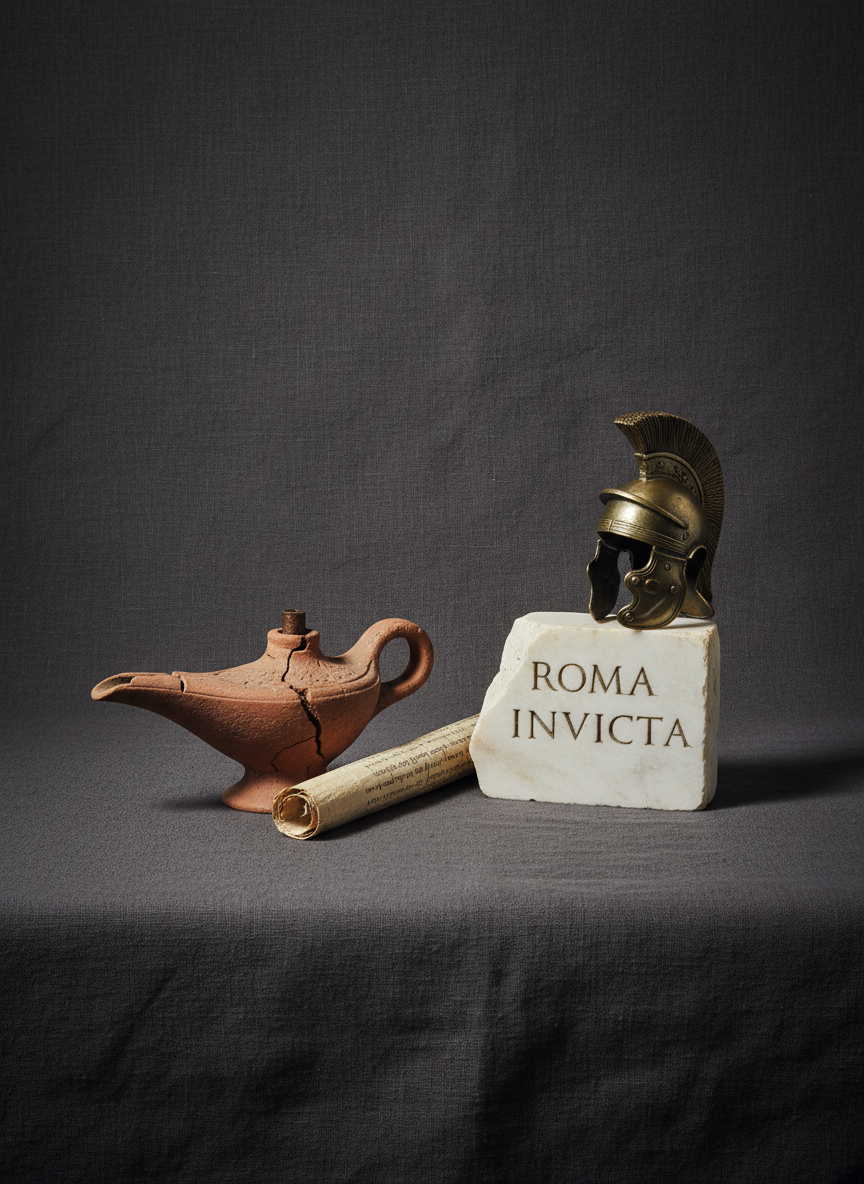 An arrangement of ancient-style artifacts on a deep charcoal linen backdrop: a cracked terracotta oil lamp with a delicate spout, a fragment of inscribed marble bearing crisp Latin letters, and a small, intricately carved bronze legionary helmet miniaturized as a desk ornament. Between them lies a narrow strip of papyrus with faded ink lines, its fibers clearly visible. Overhead, soft studio lighting mimics overcast daylight, creating even illumination with gentle shadows that reveal each object’s texture. Captured at eye level with a medium depth of field so each artifact is clear but the cloth backdrop falls into a velvety analog-film grain. The mood is hushed, museum-like, and sophisticated, perfect for illustrating detailed posts about material culture and epigraphy in the ancient world.