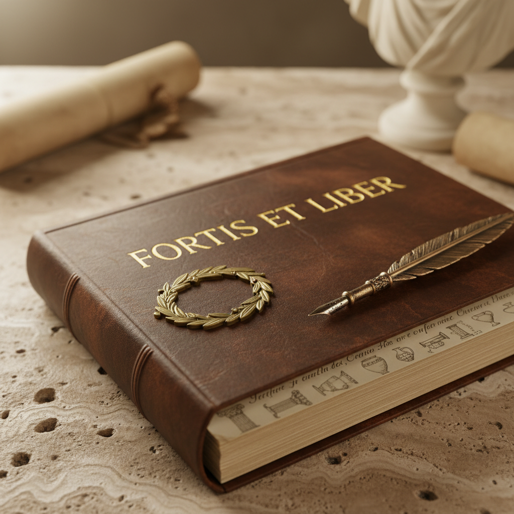 A close-up of a leather-bound journal embossed with the Latin phrase “Fortis et Liber” in gilt lettering, resting on a stone tabletop that resembles ancient Roman travertine. An intricate brass clasp lies open, revealing cream-colored pages filled with faint, elegant Latin marginalia and tiny diagrams of columns and amphorae. A quill-styled metal pen rests diagonally across the cover. Soft, diffused morning light enters from the left, creating subtle specular highlights on the gold lettering and pen, while the background falls into a gentle analog-film blur. The composition uses the rule of thirds with the title slightly off-center, conveying a quiet, sophisticated atmosphere of reflection, scholarship, and curated historical insight, ideal as a featured image for thoughtful essays on classical culture.