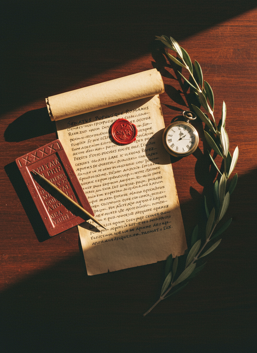An overhead view of a meticulously arranged scholar’s workspace devoted to ancient Rome: a dark mahogany table holds a rolled partially unfurled papyrus scroll with neat Latin script, alongside a wax tablet with stylus impressions, a small red wax seal bearing an SPQR emblem, and a round bronze pocket watch nodding to the passage of time. A sprig of dried olive leaves lies diagonally across the scene, adding organic contrast. Gentle golden hour sunlight streams from the top of the frame, creating long, elegant shadows and catching on the metallic edges of the watch and seal. The composition is carefully balanced but asymmetrical, with a shallow depth of field softening the table’s edges into analog-film grain. The mood is reflective and timeless, perfect for a curated journal entry tying ancient wisdom to modern reflection.