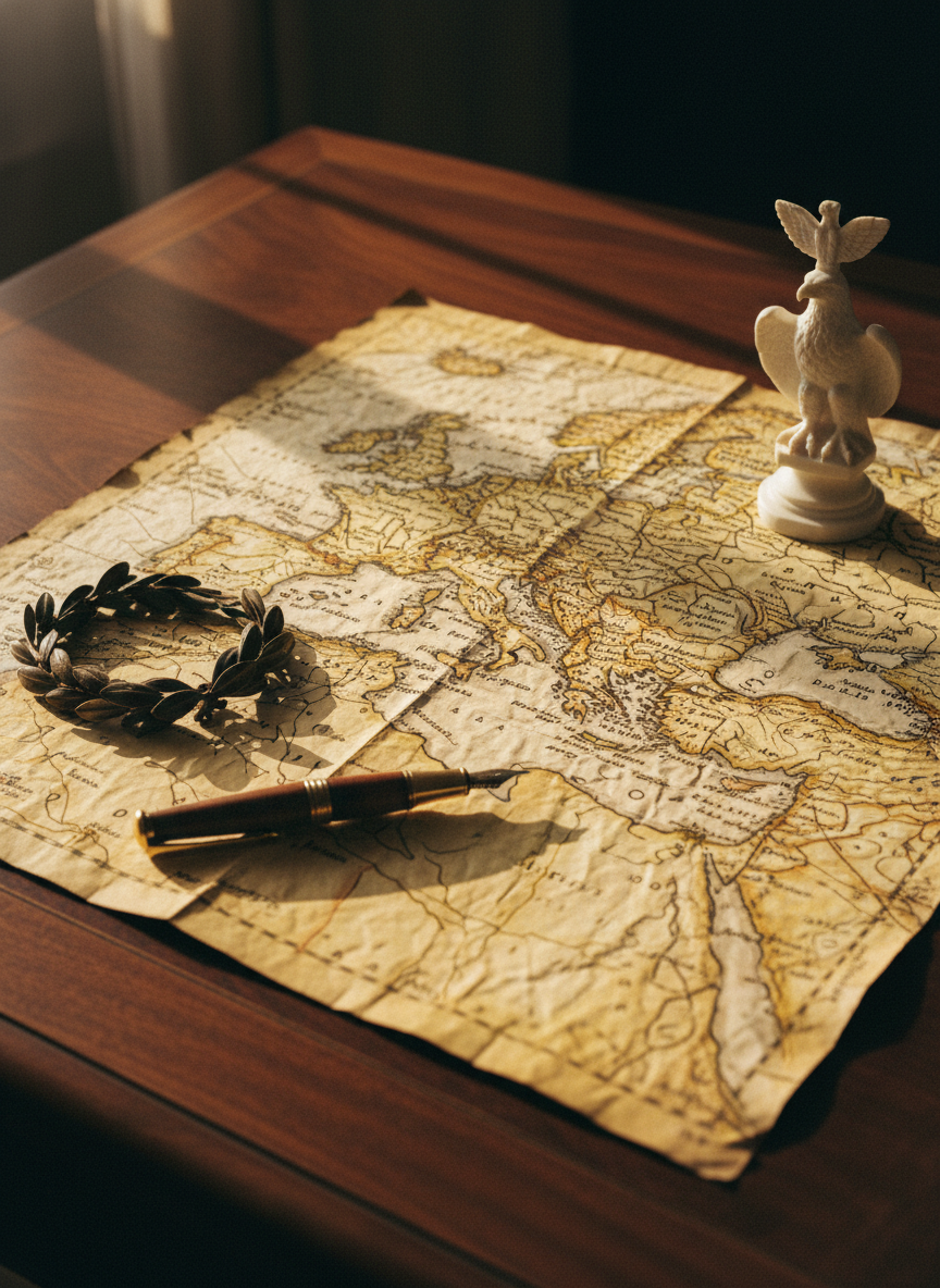 A weathered parchment map of the Mediterranean world spread across a dark walnut writing desk, coastlines inked in deep sepia and annotated with tiny Latin inscriptions. A bronze laurel wreath lies beside a fountain pen styled like an ancient reed, and a small marble bust of an eagle-topped standard anchors one corner of the map. Late afternoon light filters in from an unseen window, casting angled golden beams and long, soft shadows that emphasize the paper’s creases and rough fibers. Shot from a slightly elevated angle with a shallow depth of field so the center of the map is razor sharp while the desk edges blur. The analog-film aesthetic adds gentle grain and muted, sophisticated tones, evoking a contemplative, scholarly mood suitable for an ancient history blog homepage.