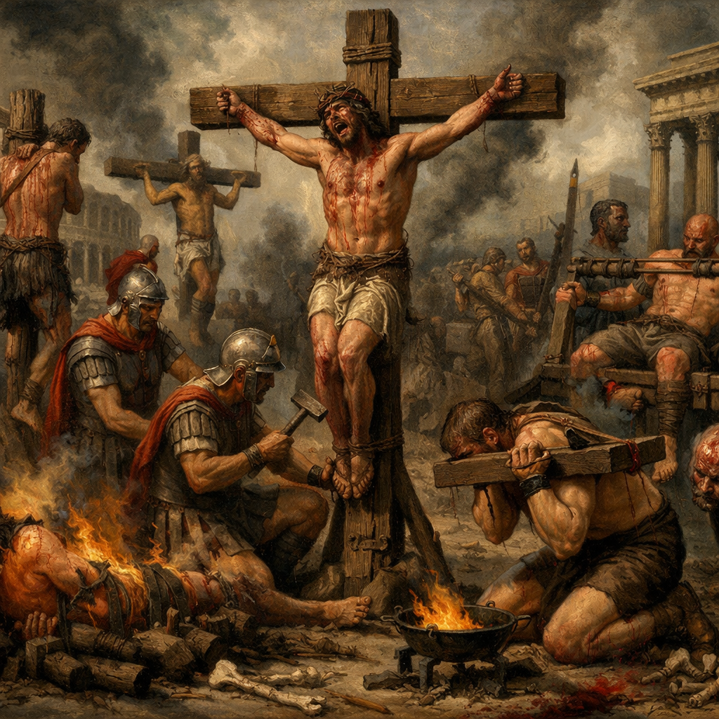 Man crucified on cross surrounded by Roman soldiers and tortured prisoners