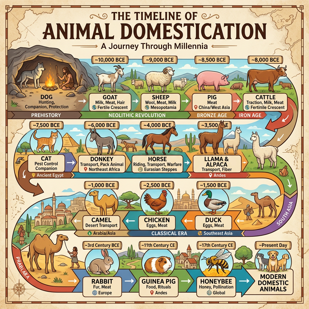 Timeline illustrating key animals domesticated from prehistory to modern day with dates and regions.