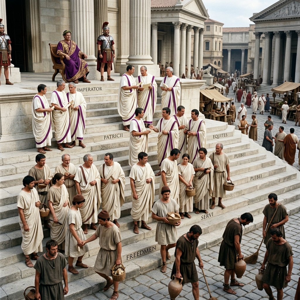 Roman social classes including Imperator, Patricii, Equites, Plebei, Servi, and Freedmen on ascending steps