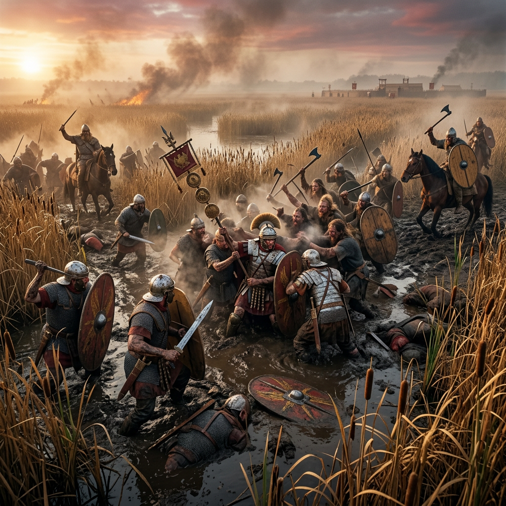 Roman and barbarian warriors fighting in muddy marshland with weapons and shields