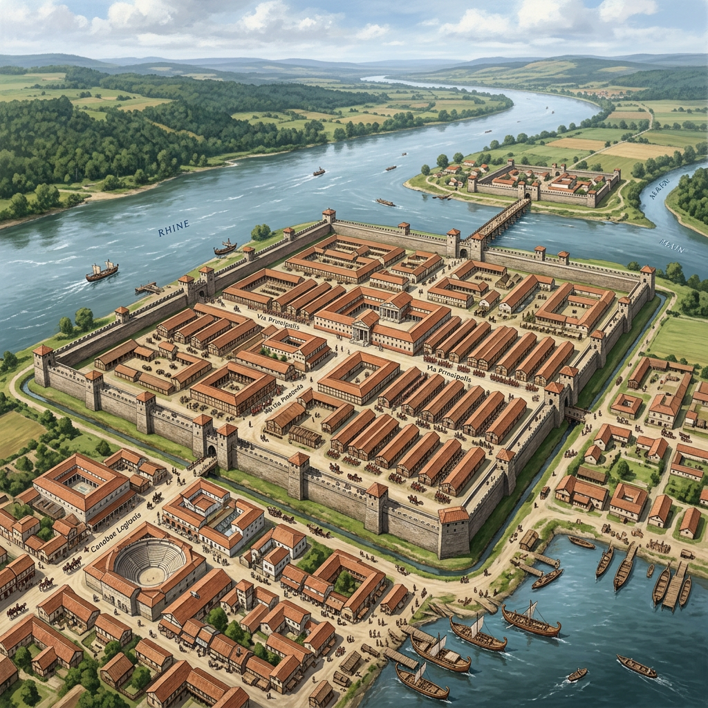 Aerial view of a large rectangular Roman fortress with walls, towers, streets, and buildings beside a river labeled Rhine, showing ships and adjacent settlements.