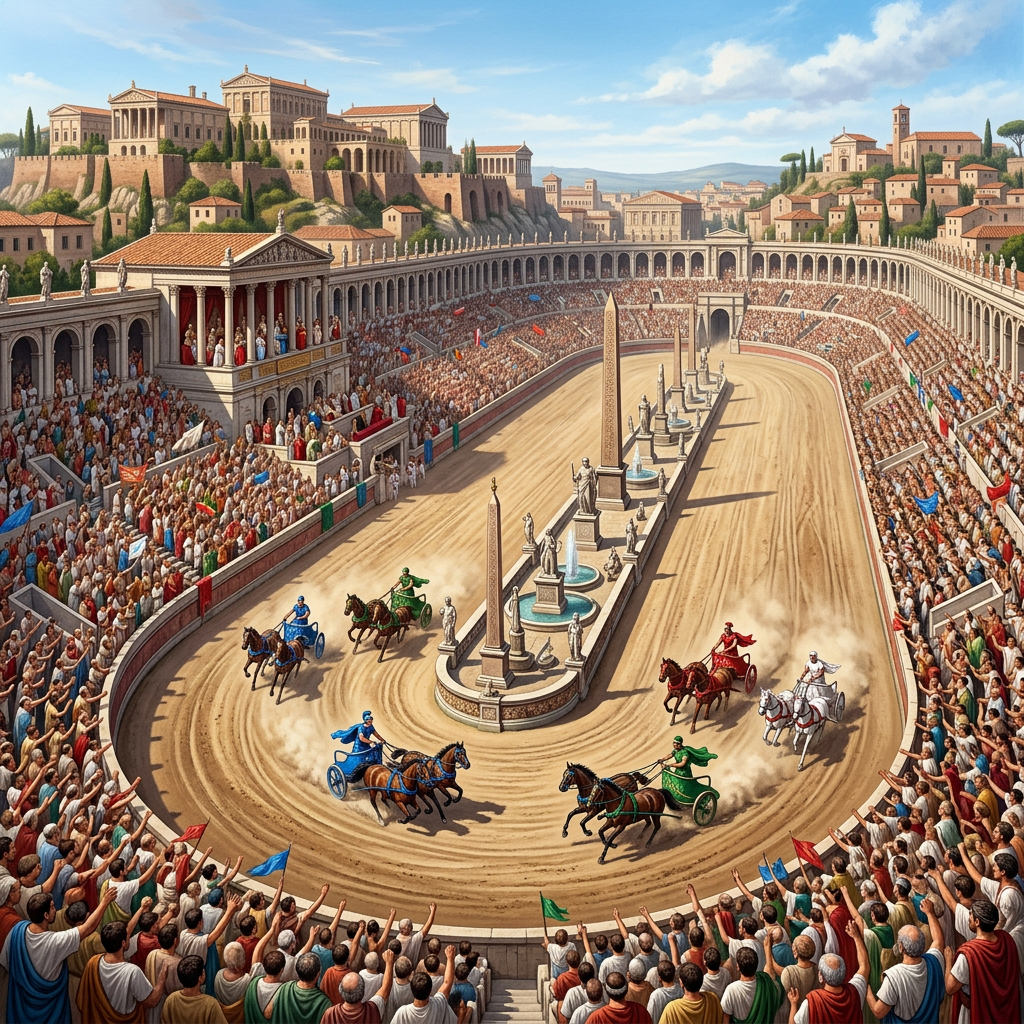 Chariot race in an ancient Roman circus with crowds, horses, charioteers, and central monuments