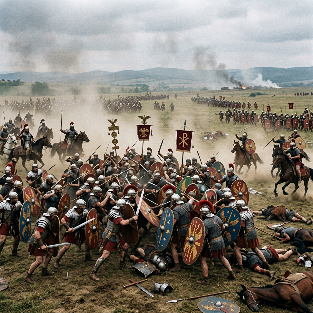 Roman soldiers in armor with shields and swords engaged in battle on a grassy plain