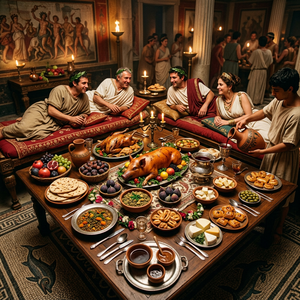 People reclining on couches and dining on an elaborate spread of ancient Roman foods