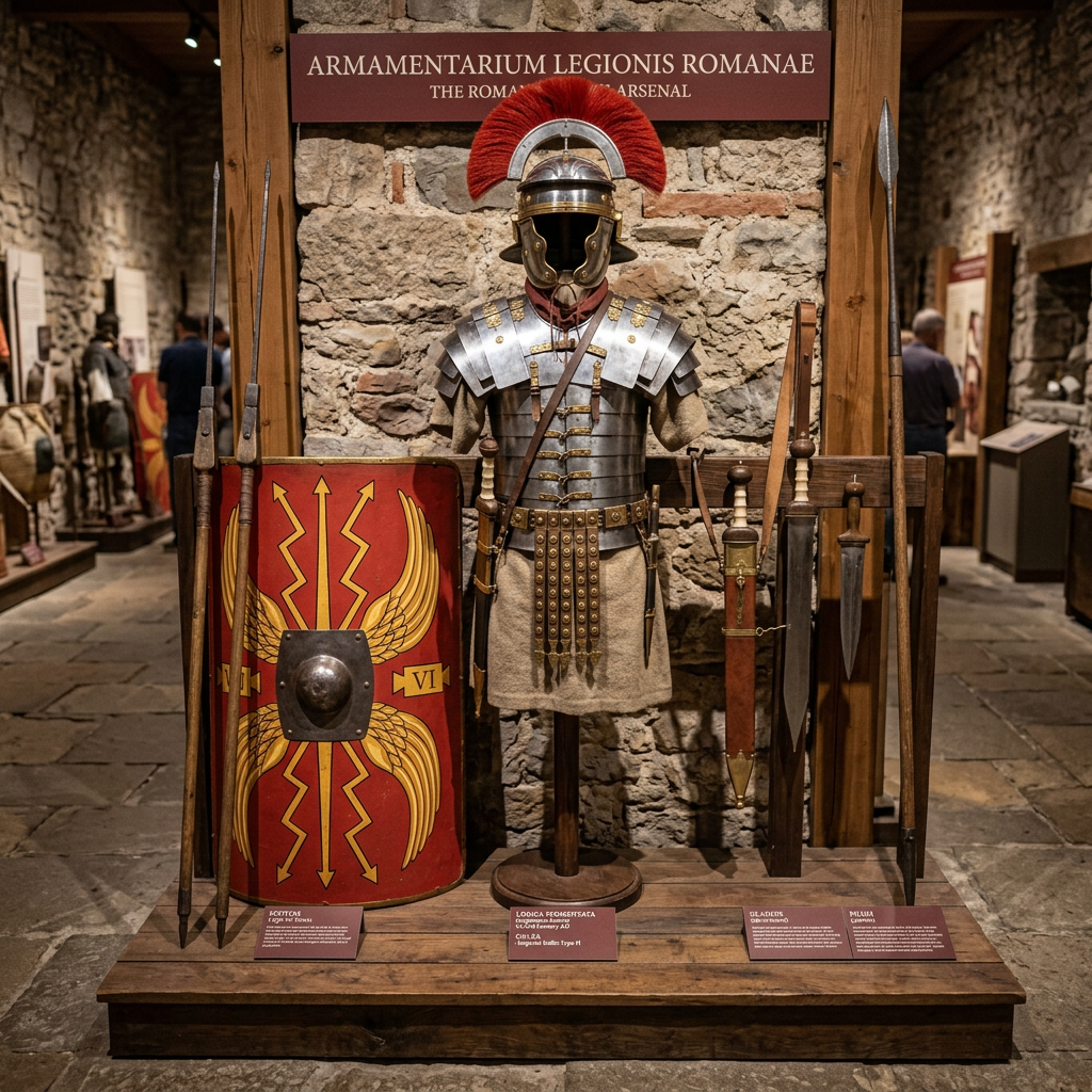 Roman legionary armor with shield, helmet, and weapons displayed in museum