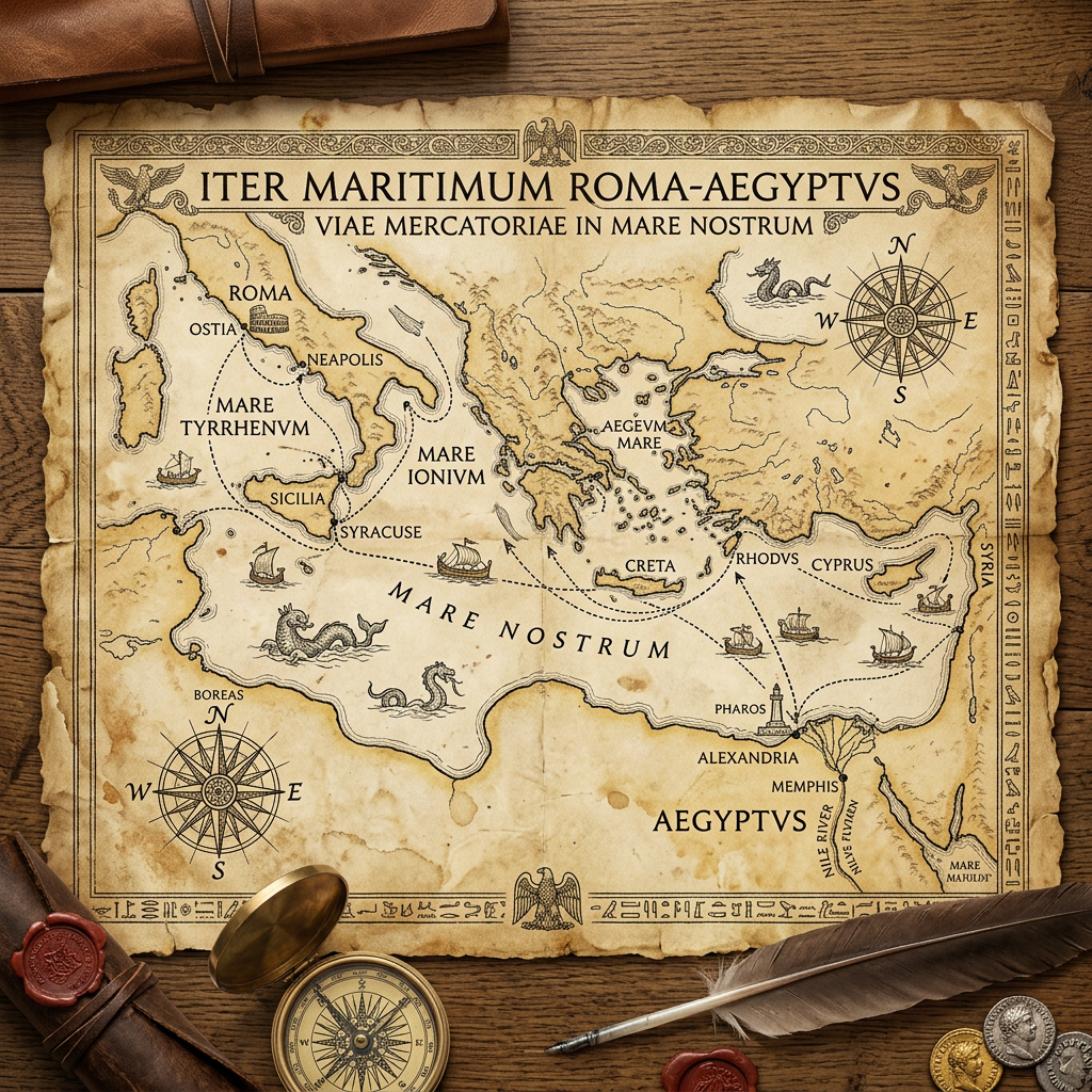 Ancient map depicting maritime trade routes across the Mediterranean from Rome to Egypt with ships and sea monsters.