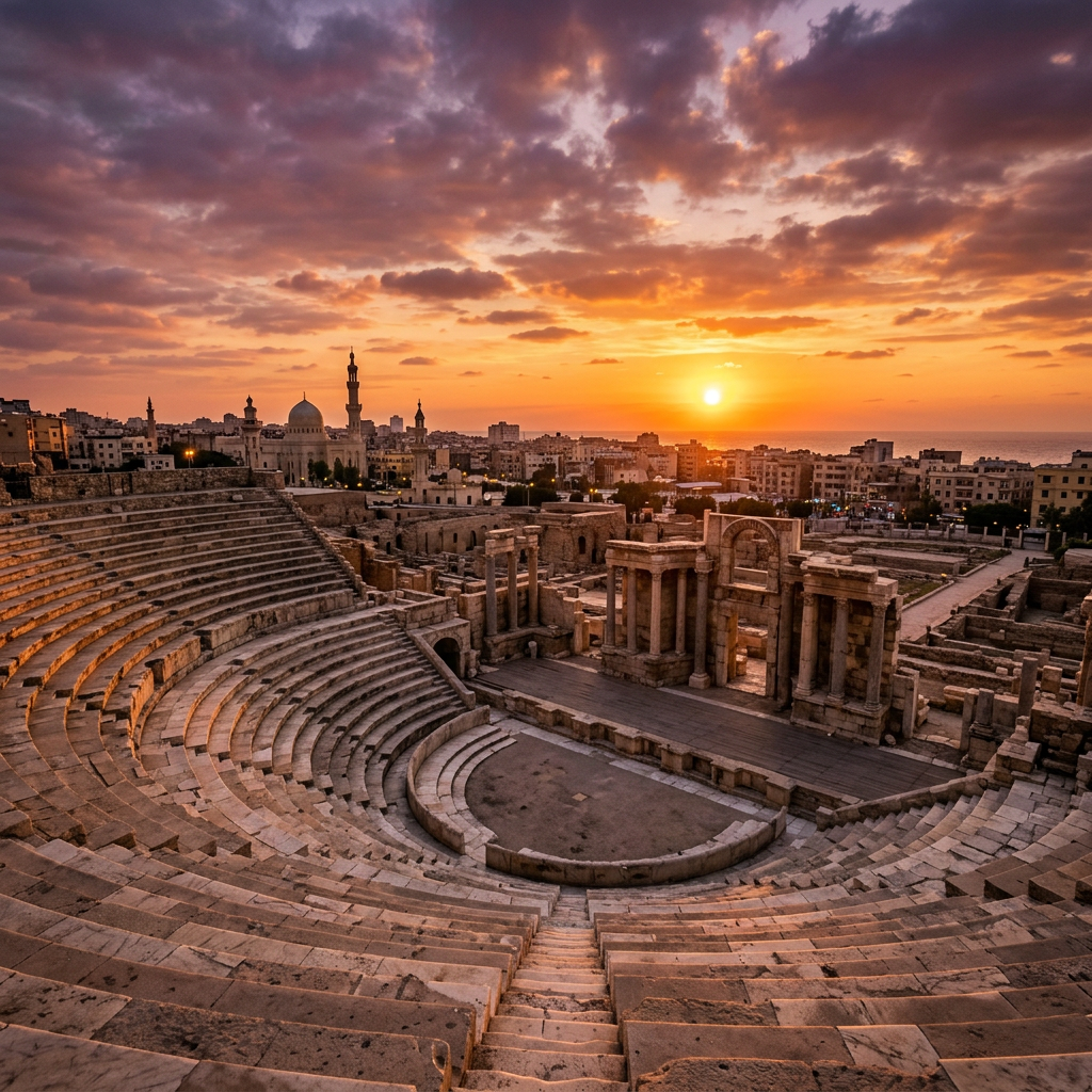 Ancient Roman theatre with stone seats and ruins at sunset
