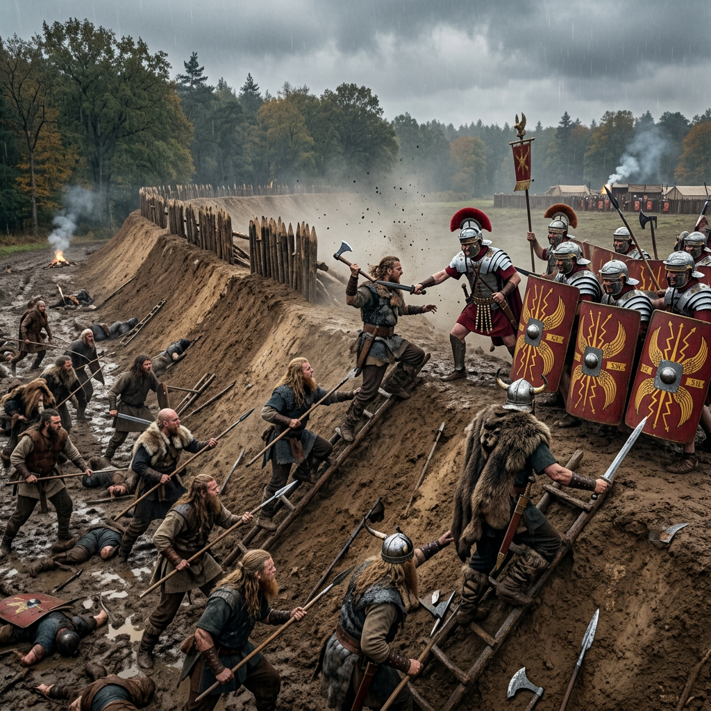 Roman legionaries with shields and helmets defending a wooden fort wall against attacking barbarians with axes and spears on ladders