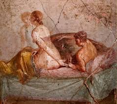 Ancient Roman fresco depicting a couple reclining on a bed, with the woman partially clothed and the man in a relaxed position.