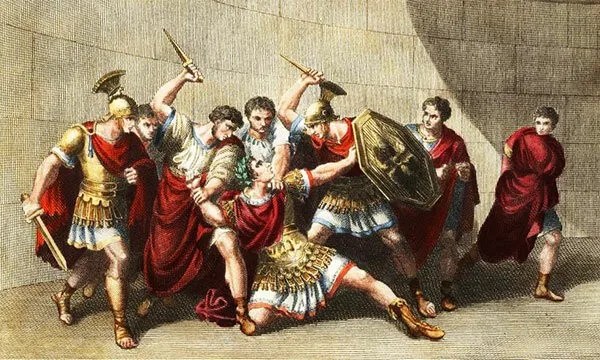 An illustration depicting a group of Roman soldiers engaged in a physical confrontation, with one soldier being restrained while others prepare to attack.