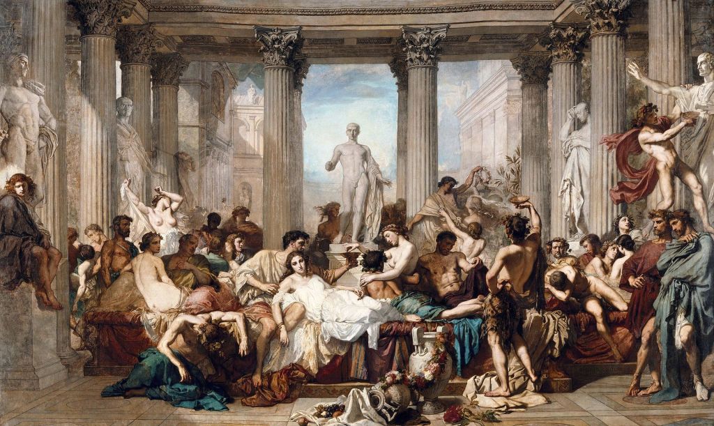 A grand historical scene depicting a lively gathering of people in an ancient setting, featuring classical columns and various sculptures. The figures include both men and women posed on couches, engaging in conversation and relaxation, dressed in flowing garments, with some holding decorative objects.