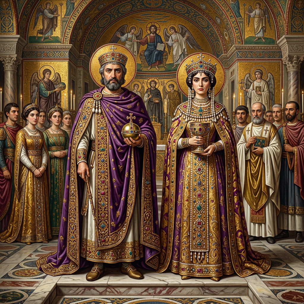 Byzantine emperor and empress in elaborate jeweled robes and crowns, standing in a church with attendants and religious figures