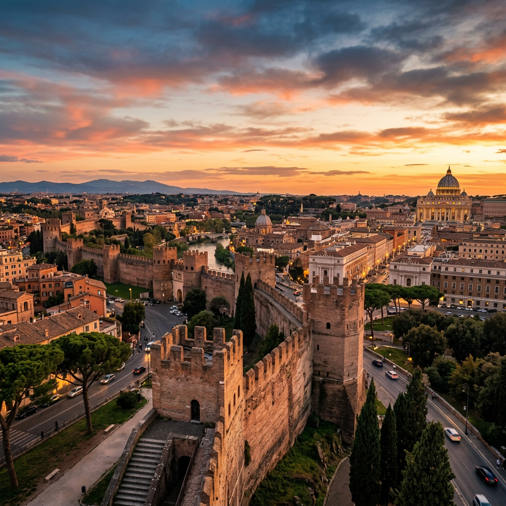 Panoramic view of Rome with historic city walls and St. Peter's Basilica at sunset