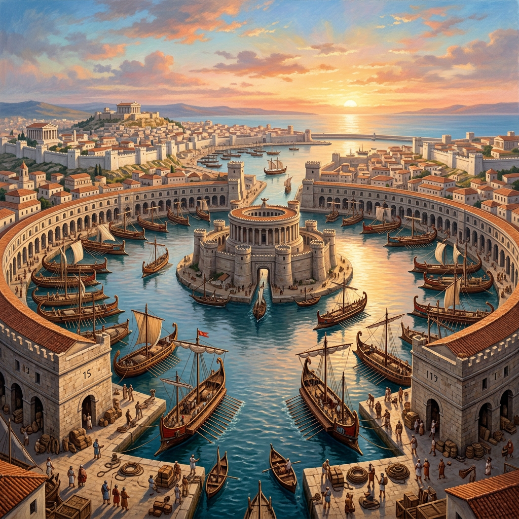 Circular ancient harbor with stone fortifications and multiple ships on water at sunset