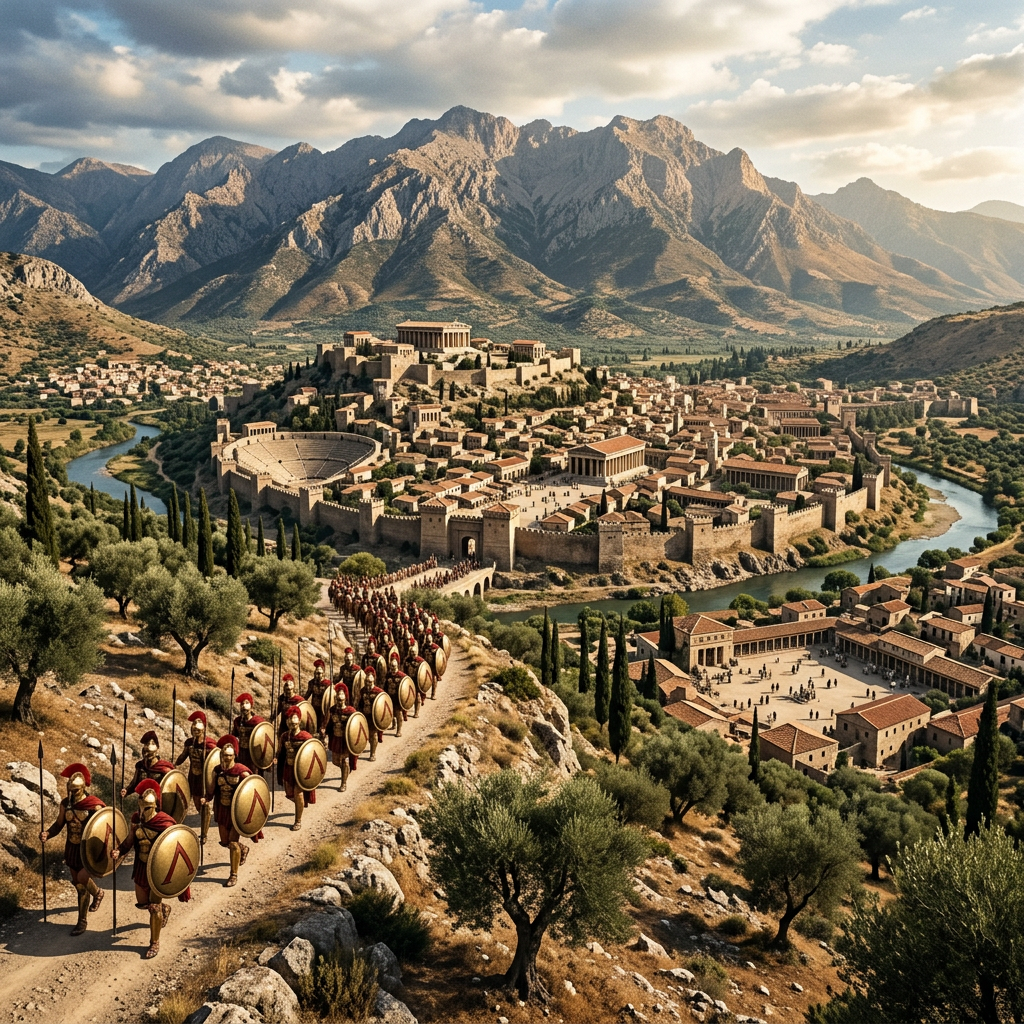 Spartan soldiers in formation moving along a hillside path toward a fortified ancient city with temples and an amphitheater