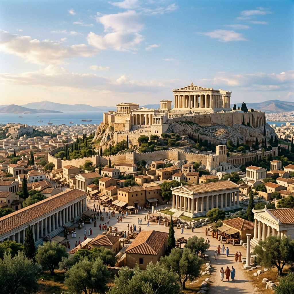 Ancient Athens cityscape with Acropolis hill and temples overlooking busy marketplace.