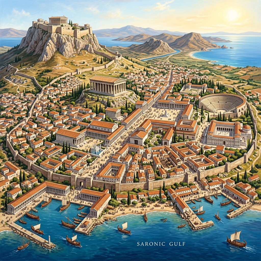 Bird's eye view of ancient Greek city with Acropolis, temples, amphitheater, and harbor at Saronic Gulf
