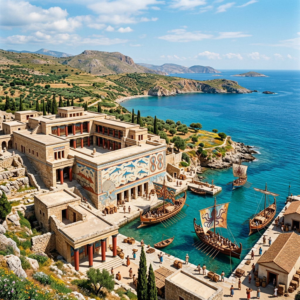 Minoan palace with decorated walls and ships docked in a harbor on blue sea