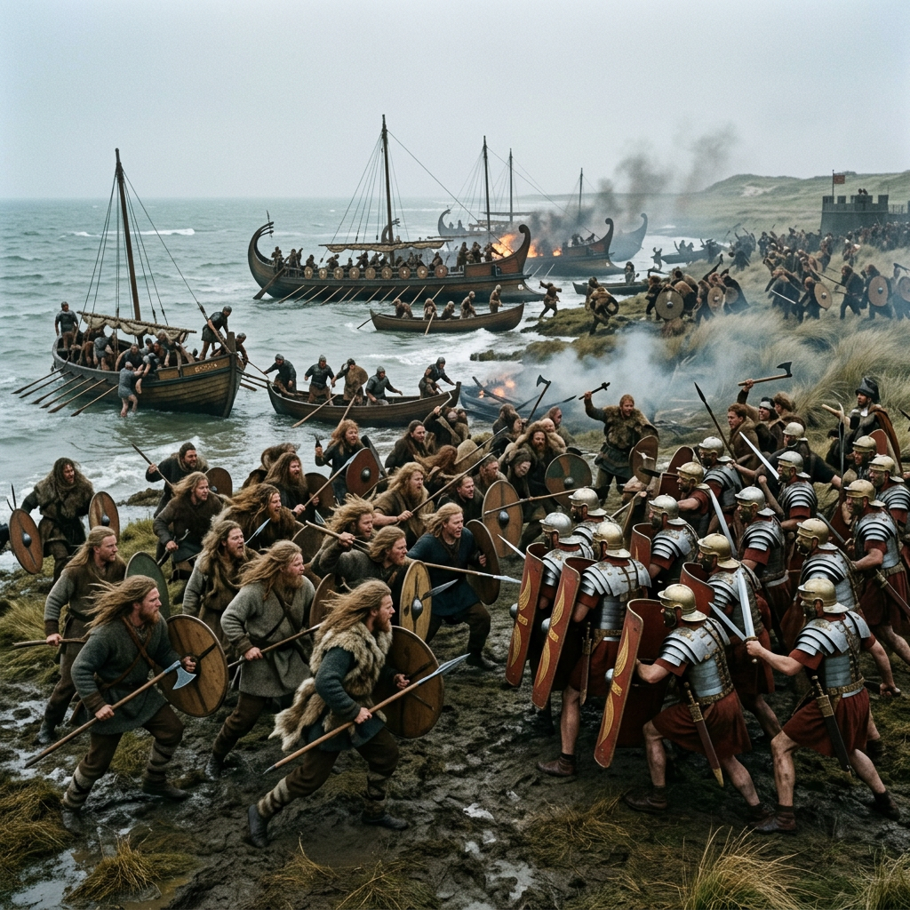 Vikings armed with spears and shields charging Roman legionnaires with swords and shields on muddy coast