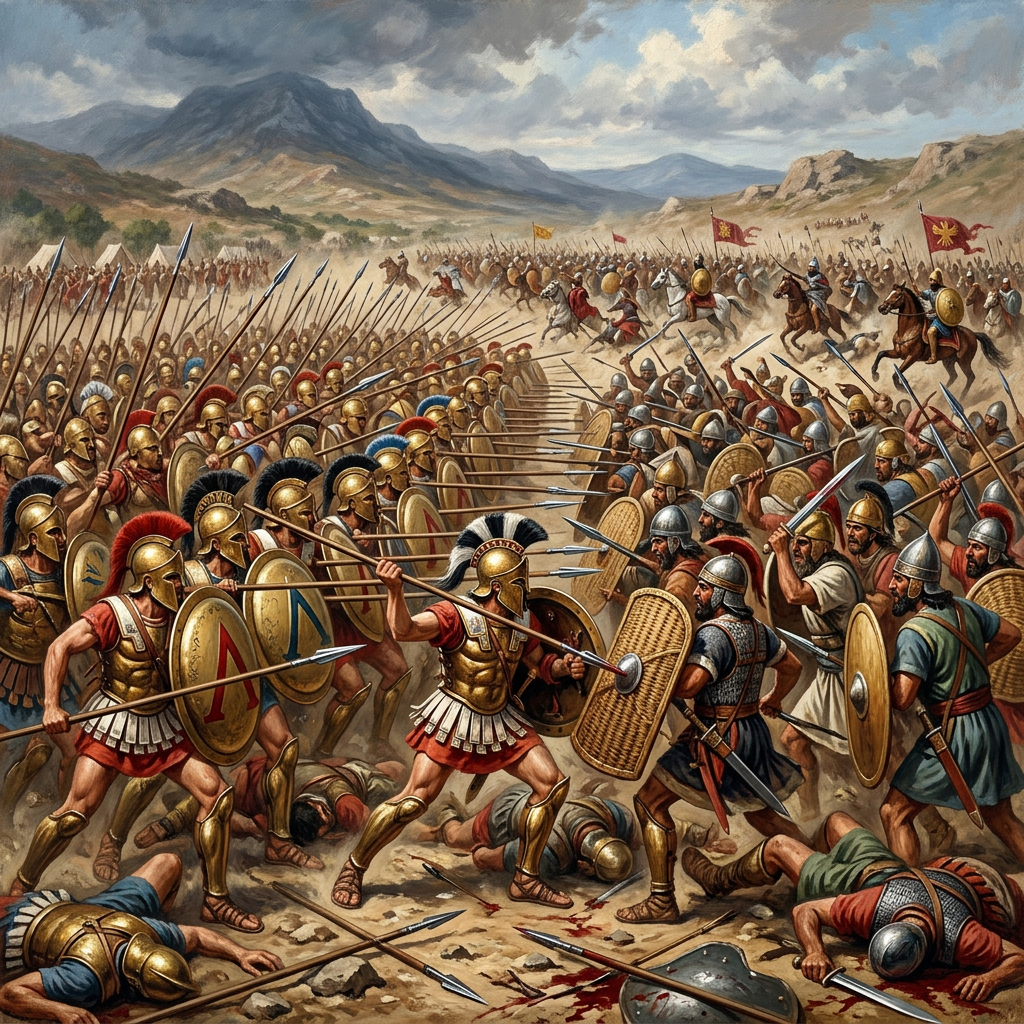 Greek hoplites in bronze armor fighting Persian infantry with spears and shields