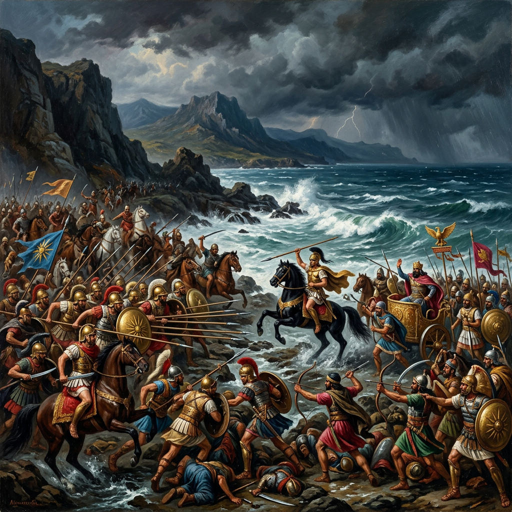 Ancient warriors battling on rocky coast with stormy sea and lightning