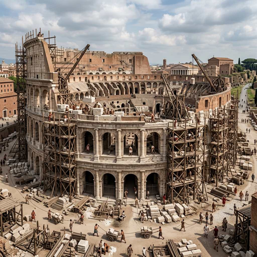 Roman Colosseum partially built with scaffolding and workers