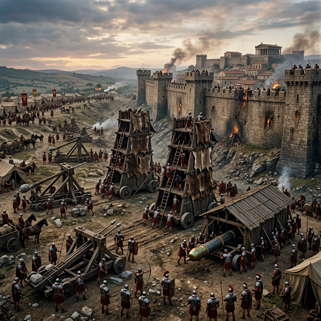 Roman army with siege towers and catapults attacking a walled city under fire