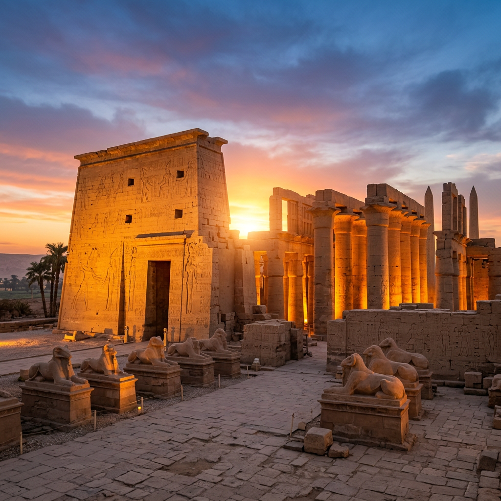 Kom Ombo Temple with carved stone columns and sphinx statues lit by sunset