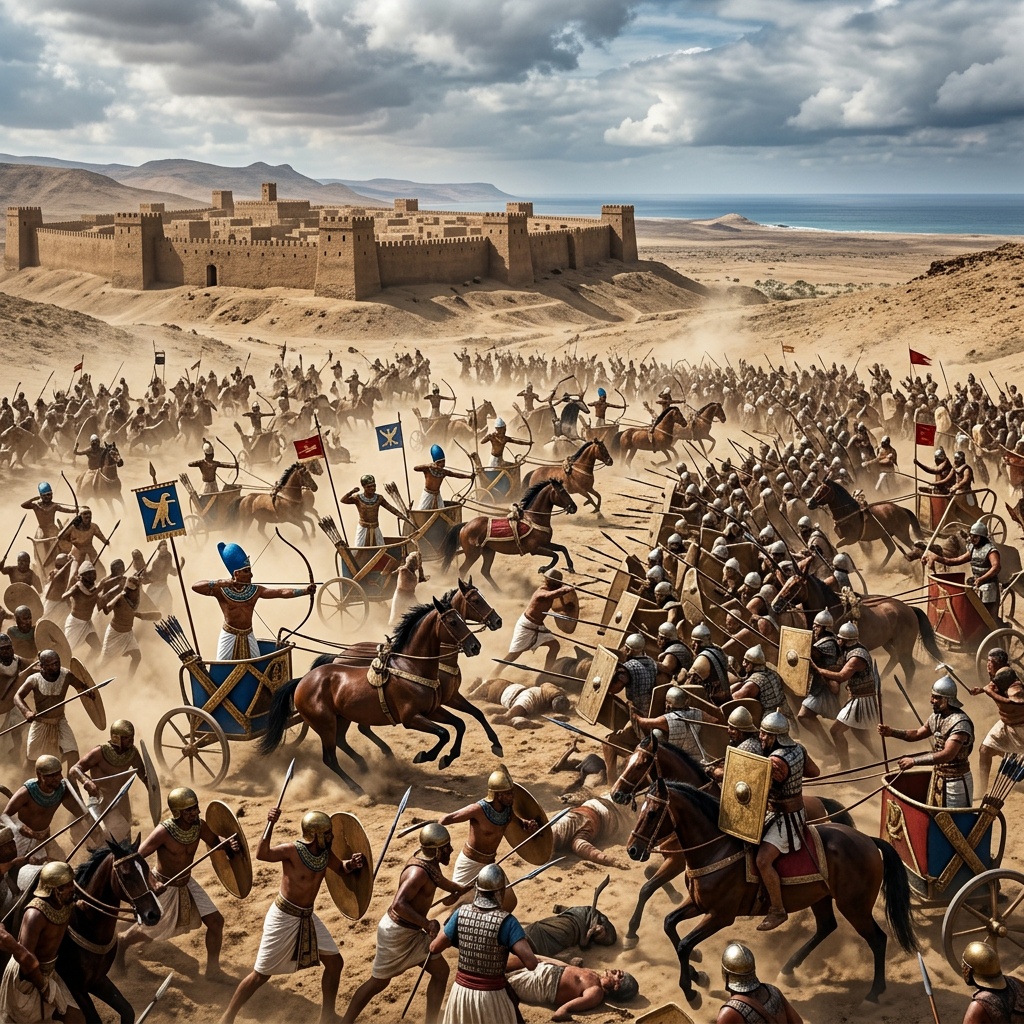 Ancient soldiers and charioteers fighting a large battle in front of a desert fortress