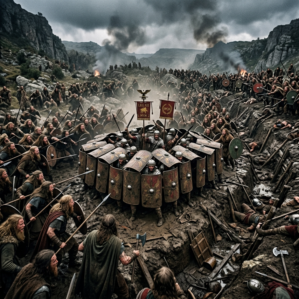 Roman soldiers in a shield wall formation surrounded by attacking warriors in a rocky battlefield