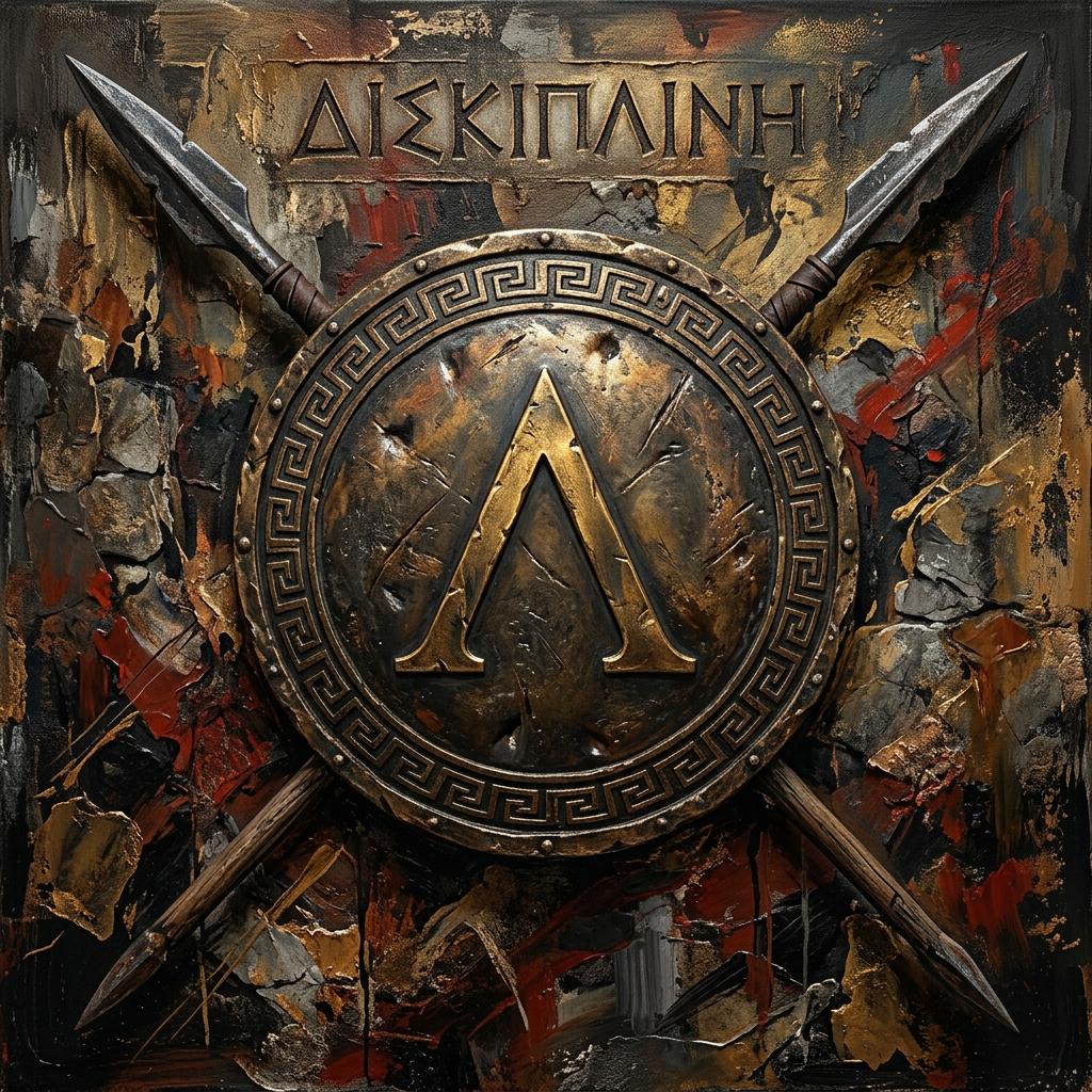 Abstract Spartan discipline crossed spears bronze shield