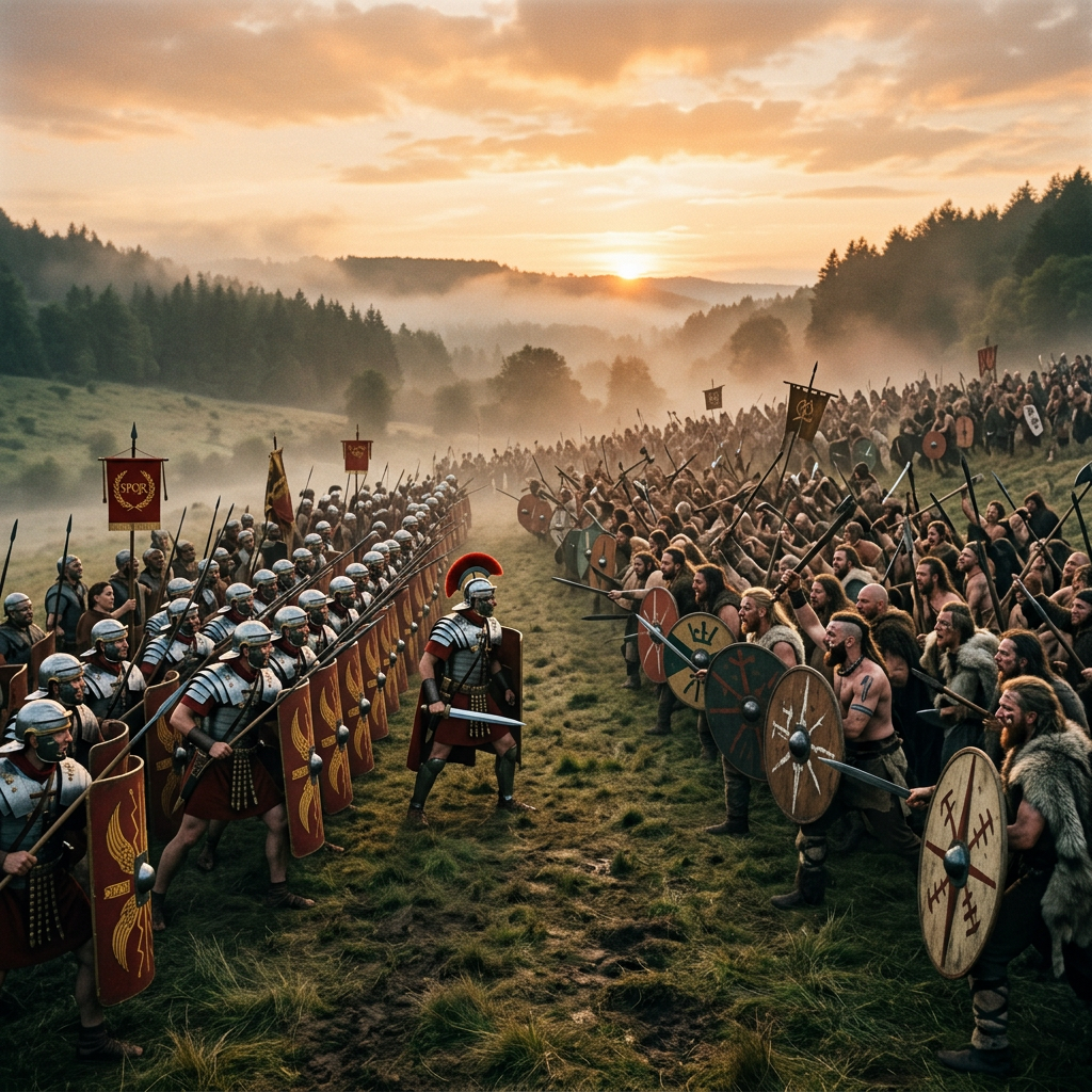 Roman soldiers face tribal warriors at dawn