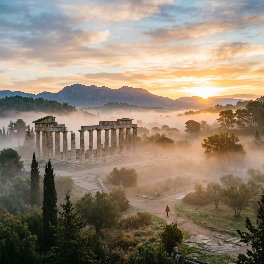 Ancient stone temple ruins with columns amidst mist and sunrise