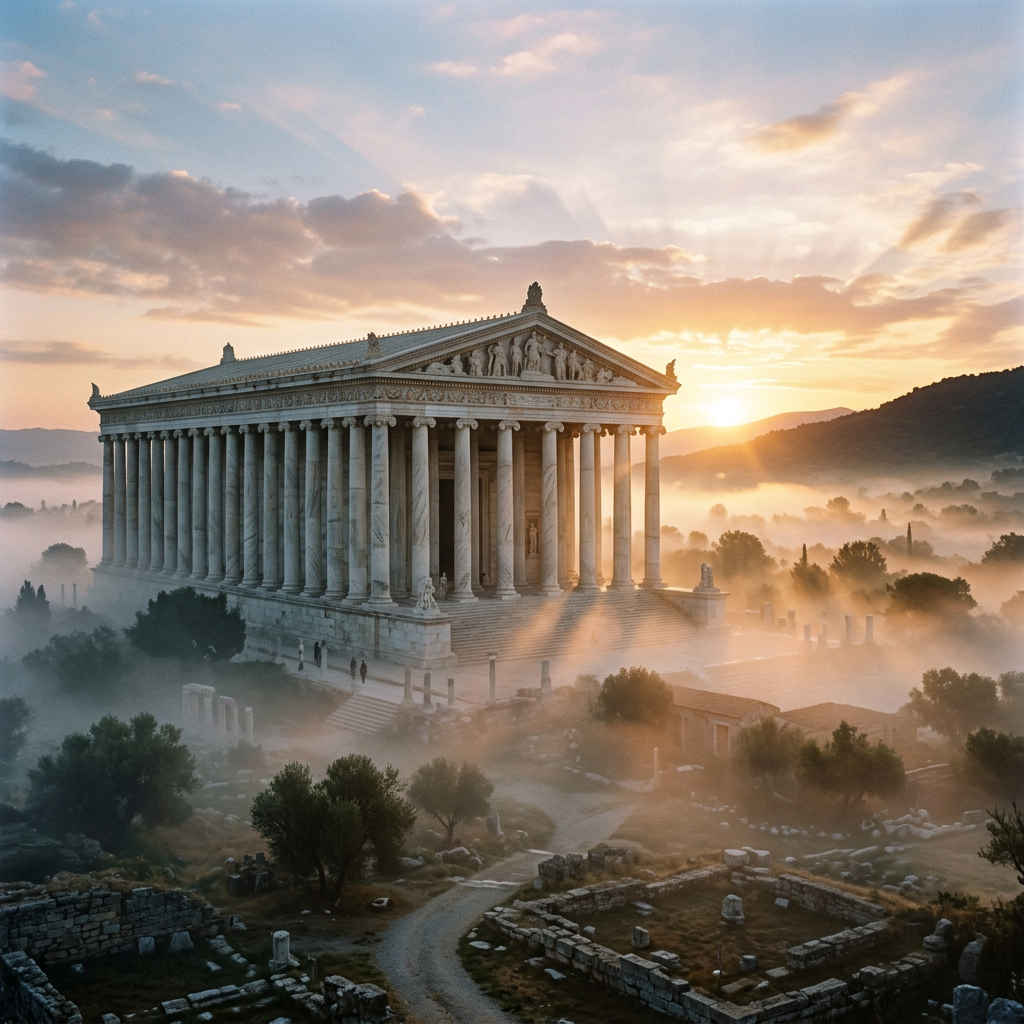 The Parthenon temple on the Acropolis surrounded by mist during sunrise