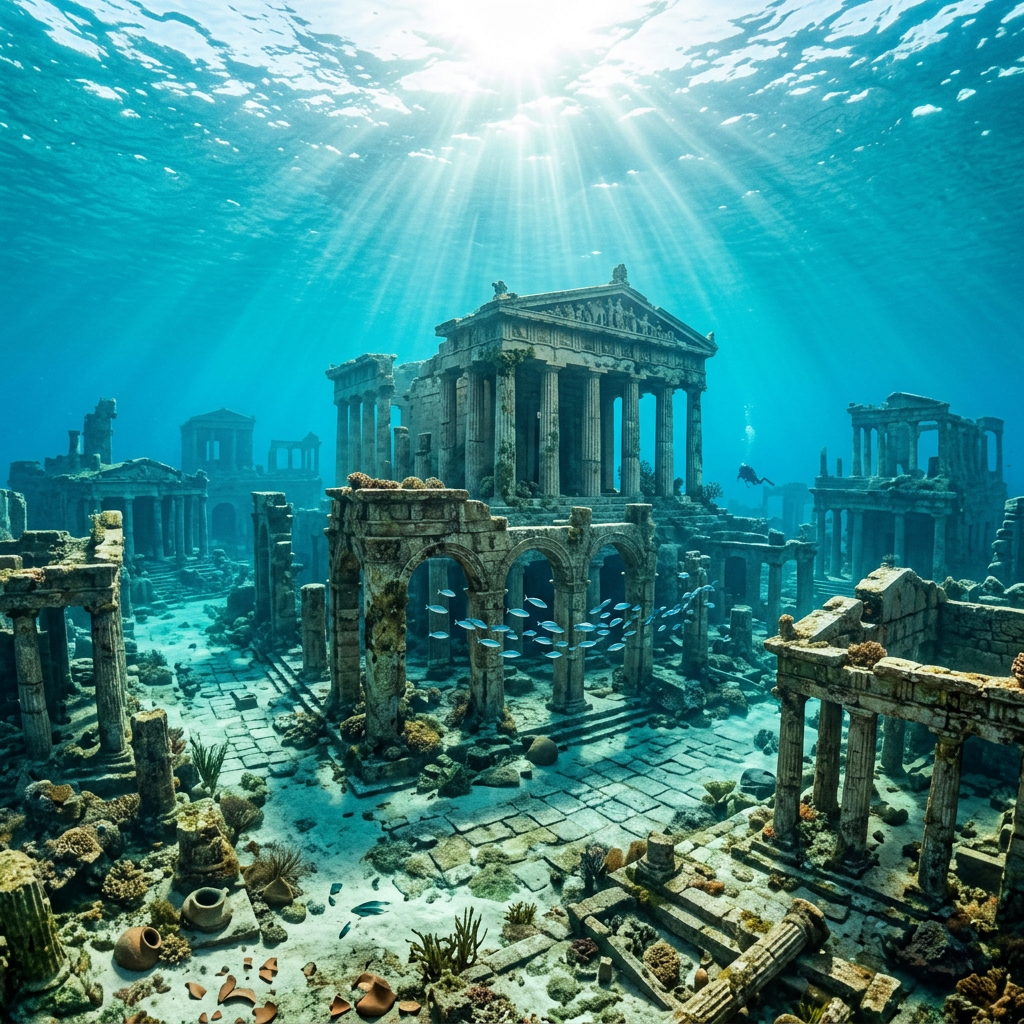 Sunlit submerged ruins of an ancient Greek-style city with columns and arches