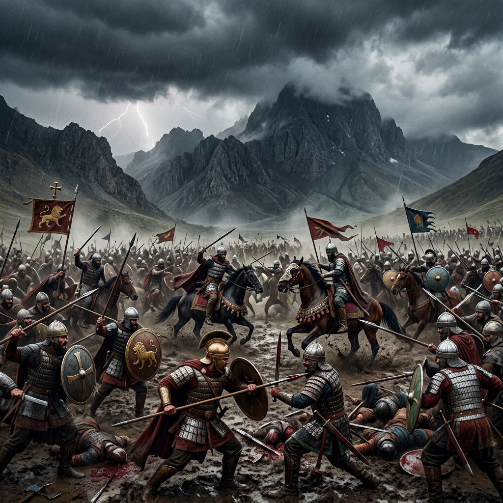 Ancient warriors in armor fight violently on muddy battlefield with mountains and lightning