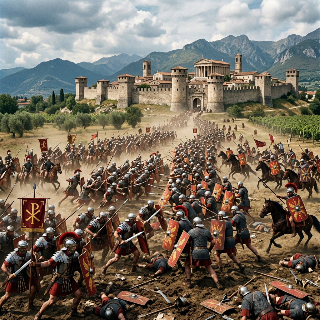 Roman soldiers with shields and spears attacking fortified city during battle