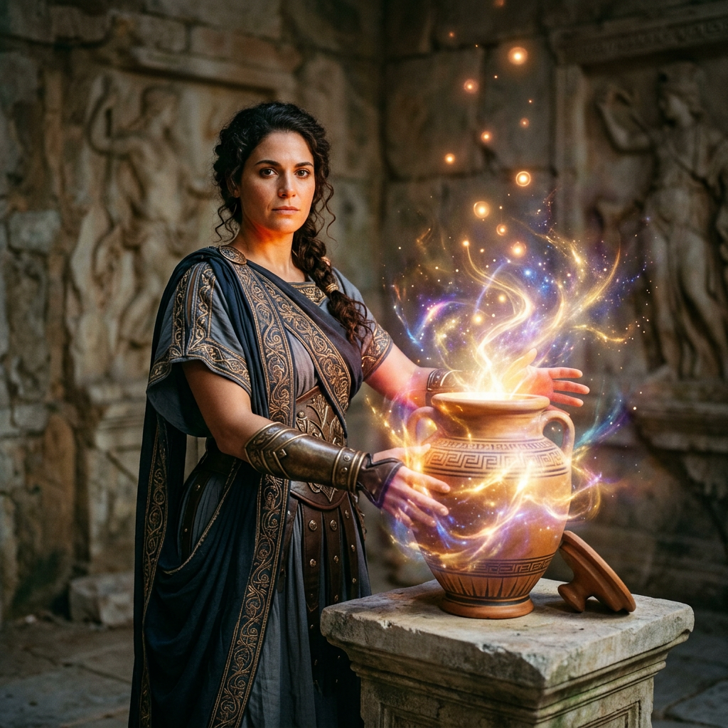 Empowered Pandora standing before open glowing jar