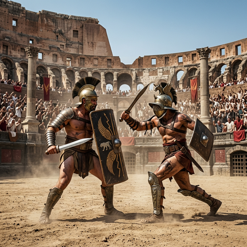 Two gladiators armed with swords and shields fighting in the Roman Colosseum arena