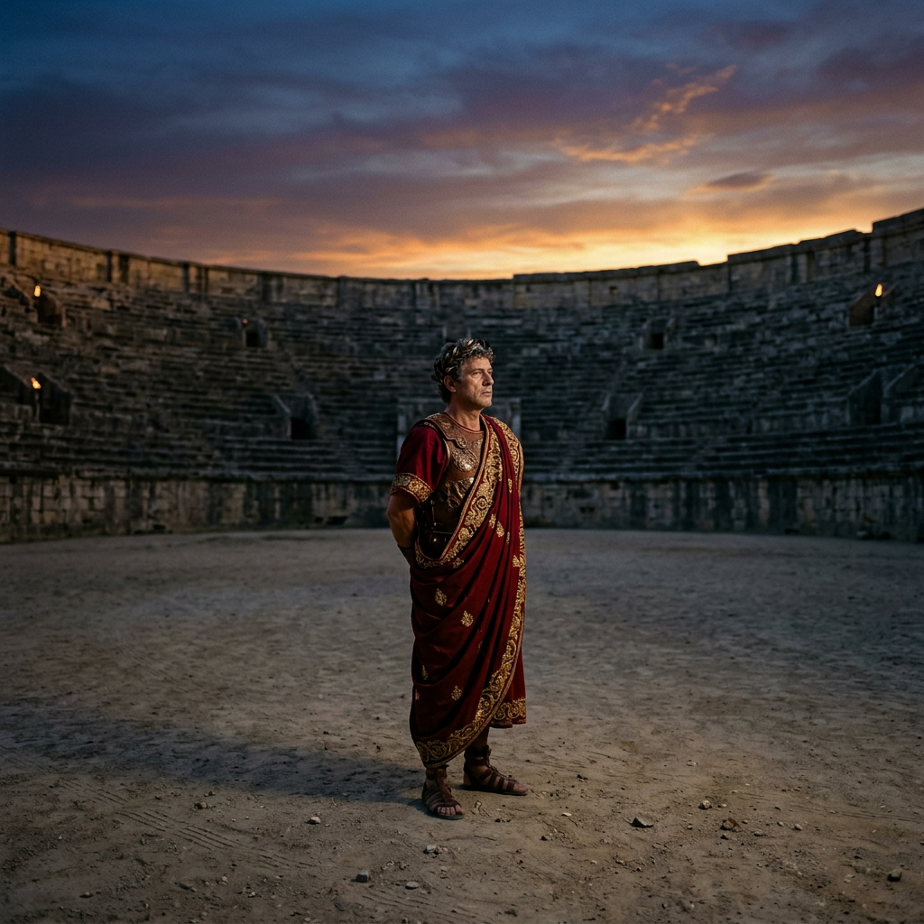 Man in Roman emperor costume standing alone in an ancient amphitheater under a colorful sunset sky