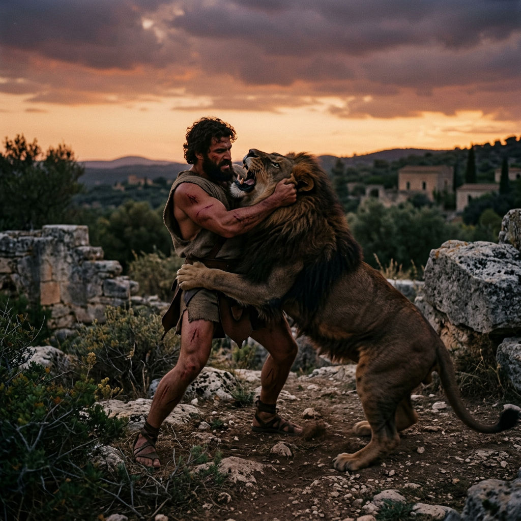 Man in primitive clothing wrestling a roaring lion outdoors at sunset