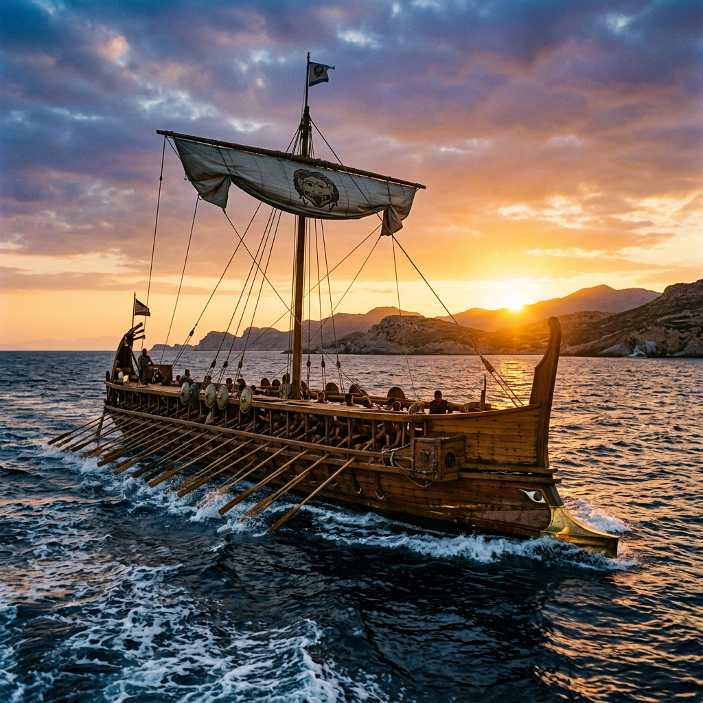 Ancient Greek wooden trireme ship with rowers sailing at sunset