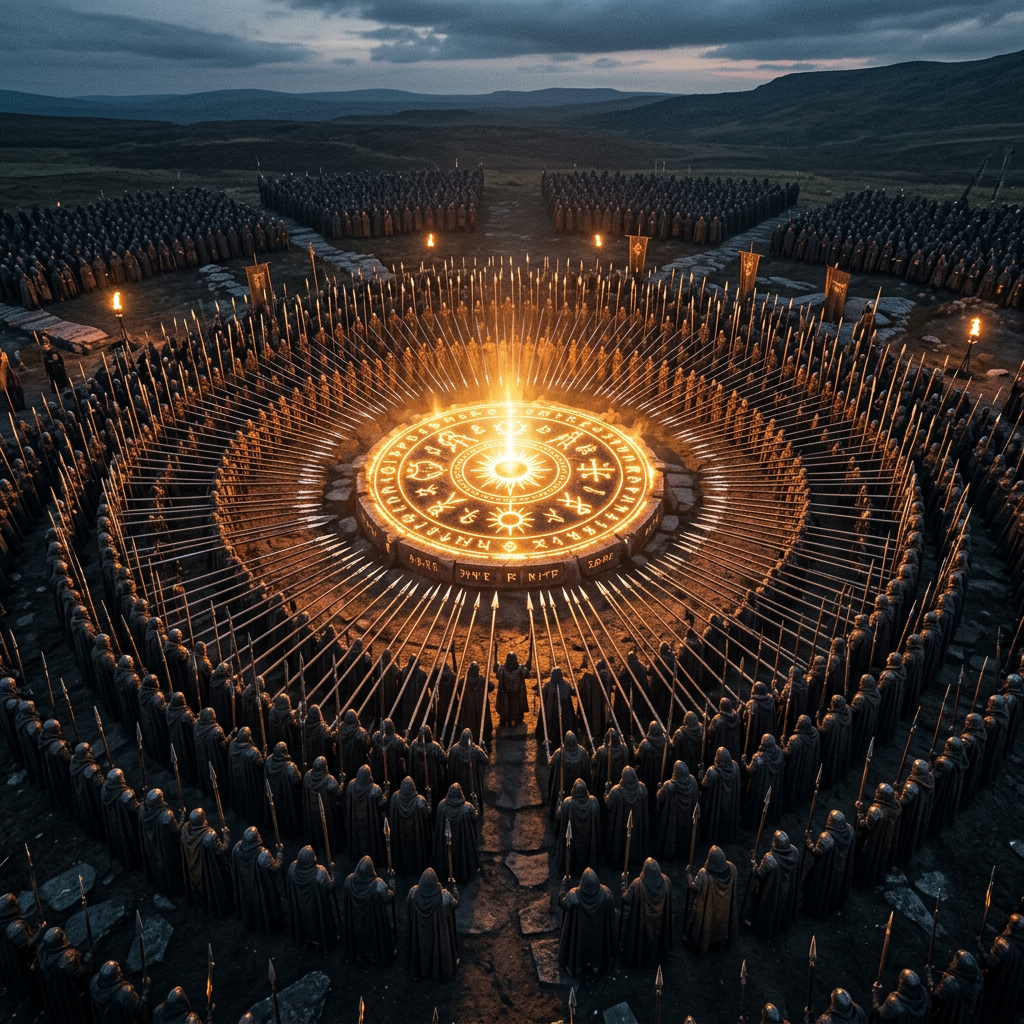 Hooded figures with spears standing in concentric circles around a glowing magical symbol