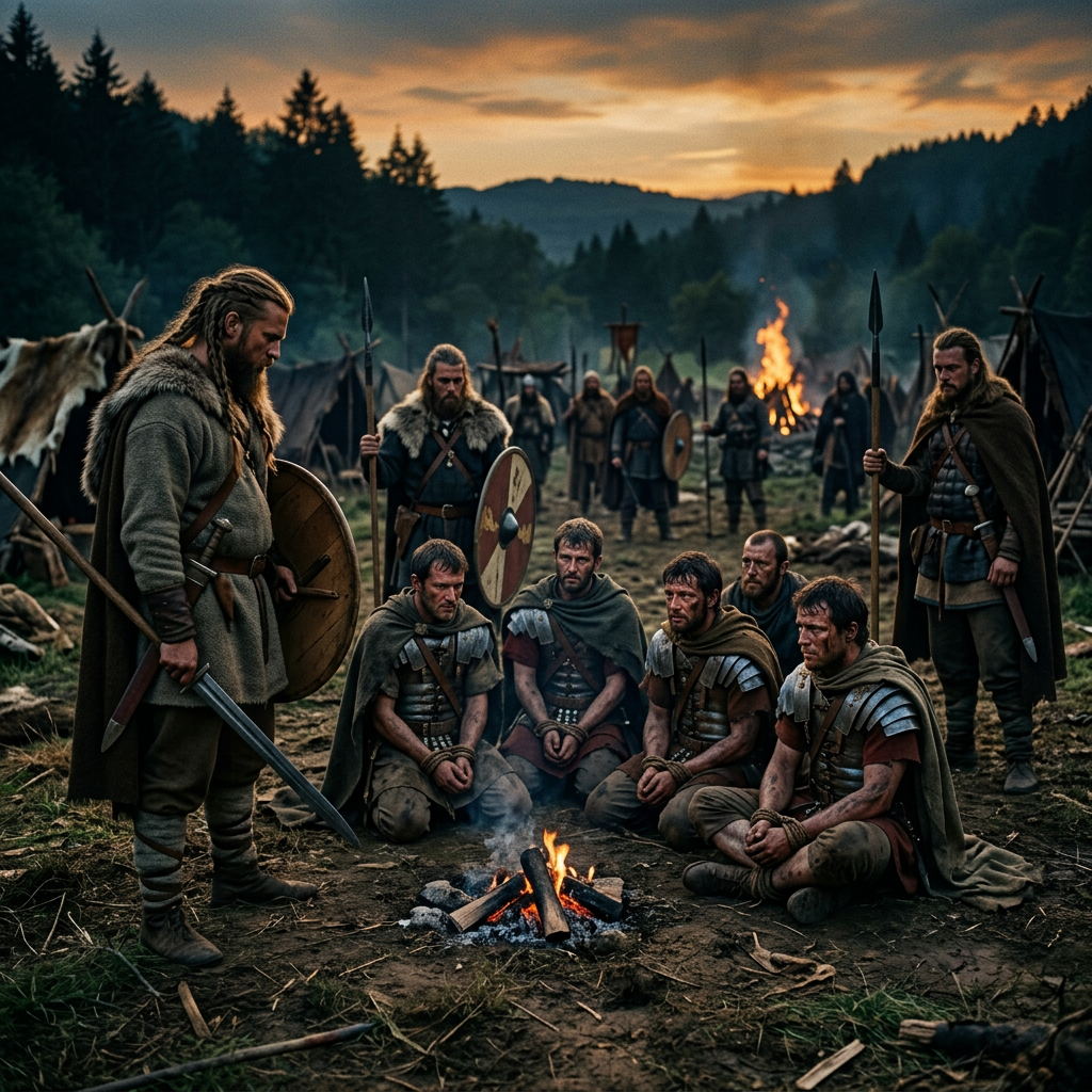 Roman soldiers sitting on the ground tied and guarded by Vikings around a small campfire at dusk