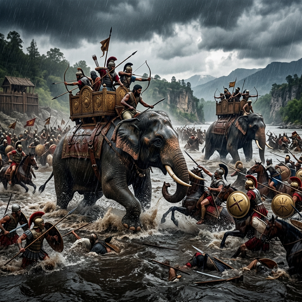 Ancient soldiers battle in a river with war elephants crossing and archers on their backs